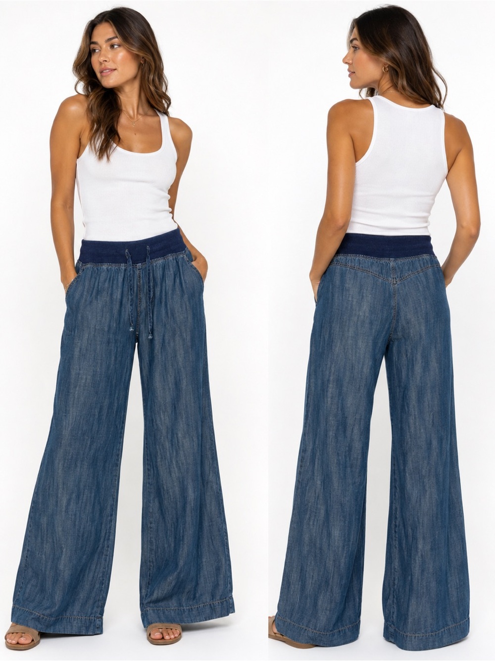 cloth & stone Wide Leg Tencel Denim Pants with Navy Rib Waistband